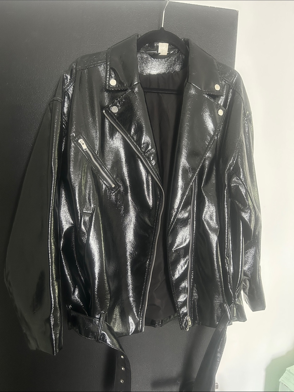 Divided Black Faux Patent Leather Moto Jacket